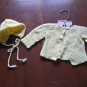Antique Handmade Infant Cardigan Sweater with Matching Hat - Yellow 1950s-60s